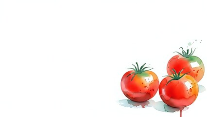 Fresh ripe red tomatoes with green stems in watercolor style on white background. Organic vegetables for healthy cooking and nutrition concepts.