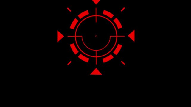 red crosshair focus interface element. hitech weapon aiming sight with segmented rings. cyberpunk style shooter game hud design. precision tracking marker motion graphic.