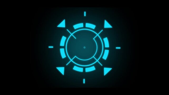 blue hud targeting reticle on black background. digital sci-fi sniper scope overlay animation. modern military target locking system graphic.