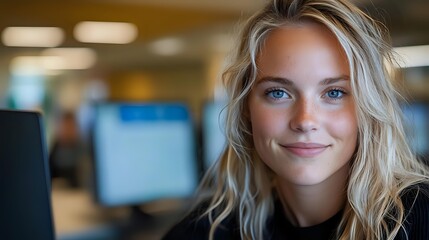 Young blonde Caucasian businesswoman smiling confidently in modern office environment with computer workstation background for corporate communications.