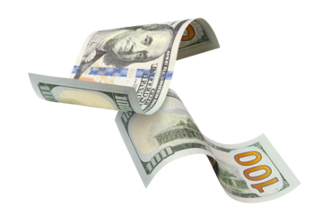 Two flying hundred dollar bills, isolated on transparent cutout background