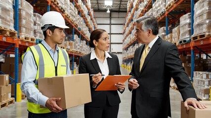 Warehouse team discussing inventory and logistics