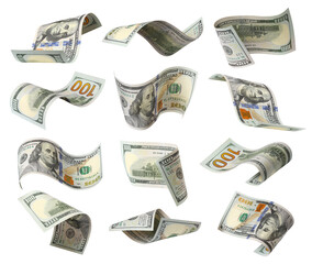 Set of flying hundred dollar banknotes, isolated on transparent cutout background