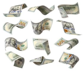 Set of flying hundred dollar banknotes, isolated on transparent cutout background