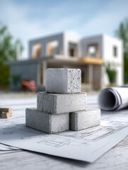 Stacked concrete blocks placed on architectural blueprints with a blurred modern house model and rolled plans symbolizing construction planning and development