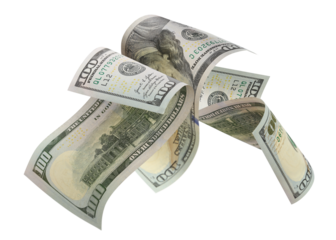 Flying hundred dollar banknotes, isolated on transparent cutout background