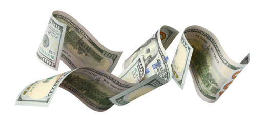 Flying hundred dollar banknotes, isolated on transparent cutout background