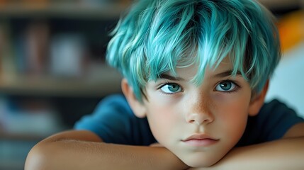 Young boy with vibrant turquoise hair and blue eyes resting chin on hands, looking thoughtfully at camera in cozy indoor setting with warm lighting.