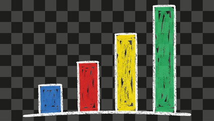 Chalk textured bar chart drawing on transparent background, business growth graph with increasing colorful bars, hand drawn data presentation sketch illustration