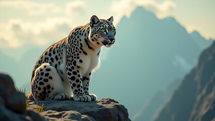 A majestic leopard perched on a rocky outcrop overlooking a serene mountain landscape at dusk from a slight elevation.