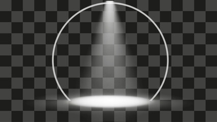 Stage spotlight beam effect, glowing circular arch frame, empty presentation scene, transparent background graphic element