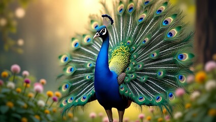 A majestic peacock displays its vibrant plumage in a lush forest, showcasing its stunning blue and green feathers from a frontal viewpoint.