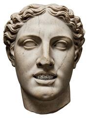 Classical marble bust with modern metal dental braces, ancient sculpture head with orthodontic equipment, juxtaposition of antiquity and contemporary culture
