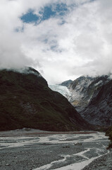 Fox Glacier Ice Flowing Between Steep Mountain Slopes, New Zealand