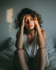 Young Woman Sitting on Bed with Hands on Head, Expressing Stress and Fatigue in a Dimly Lit Room, Wearing Casual White Tank TopStress