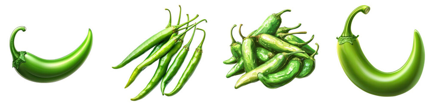 Green chili &ndash; A less mature chili pepper that is often milder and used in cooking for added flavor. Isolated on Clear White Background Highly Detailed