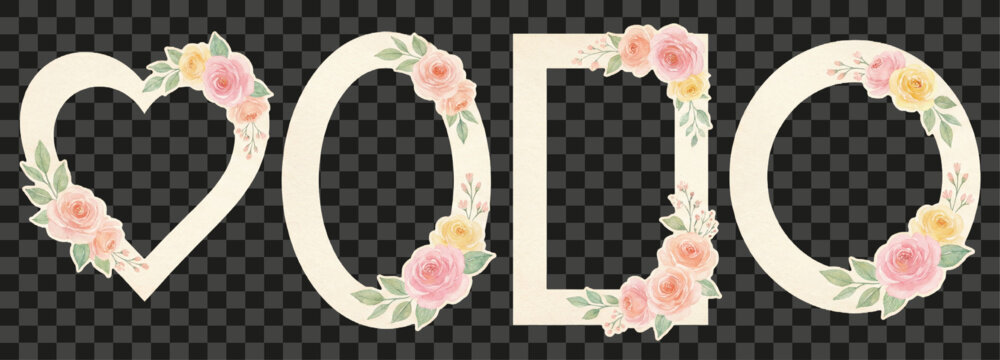  Frames Collection Heart Oval Rectangle Circle Shapes Pastel Roses Hand Drawn Isolated.