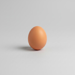 Single brown chicken egg standing upright on a clean white background. Minimalist food concept, simplicity, freshness, nutrition, and basic cooking ingredient symbolism.