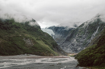 Fox Glacier Valley with Visible Ice and Braided Riverbed, New Zealand