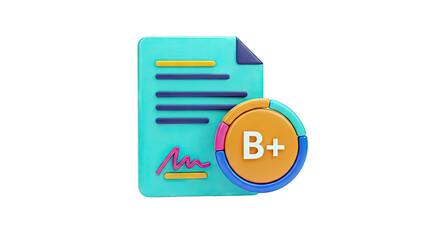 3D Icon of Report Card with B+ Grade and Pie Chart