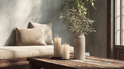 Cozy lounge decorated with simple vase plant and candles