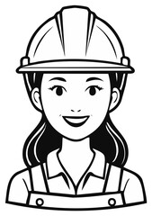 Smiling female construction worker wearing hard hat and overalls line art illustration
