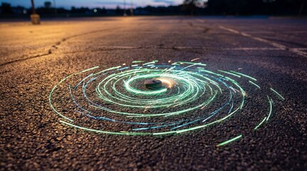 Ground spinner firework creates vibrant green light spiral on asphalt at night, capturing celebratory motion