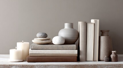 Cozy neutral interior stacked books vase and candles on desk