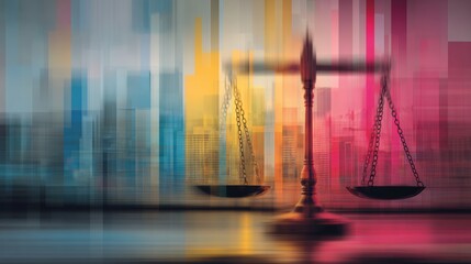 Cyber Law Professional Works in a Modern Office Setting With a Focus on Legal Balances and Urban Skyline at Sunset