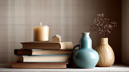 Cozy nook decorated with stacked books ceramic candle and vase