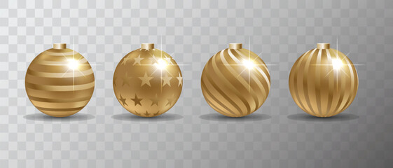 Merry Christmas and Happy New Year holiday golden ornaments. Gold Christmas baubles metal balls.
