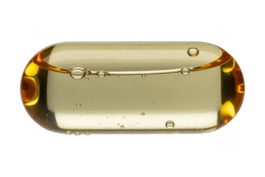 Close-up of a transparent yellow capsule with bubbles inside isolated on a transparent background - Powered by Adobe