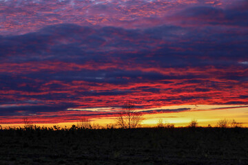 Breathtaking dramatic sunset featuring intense fiery red and deep purple clouds over a dark silhouetted horizon. A vibrant golden streak of light pierces through the evening sky,