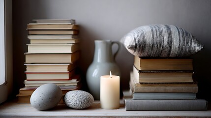 Cozy nook decorated with stacked books ceramic candle and vase