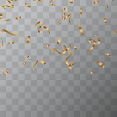 Festive golden bright confetti falls. Gold ribbons. Holidays and Birthday. Vector.