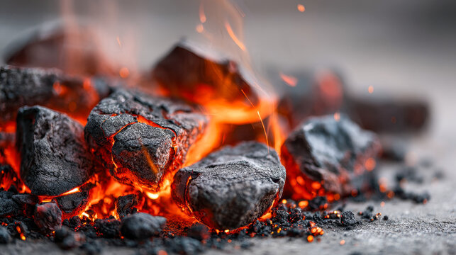 Glowing red embers and black coal pieces burning intensely with flickering flames creating a warm and fiery atmosphere on a gray surface background - Powered by Adobe