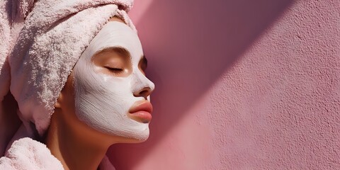 Young woman with white clay facial mask and towel on head relaxing during spa treatment against pink background for skincare and wellness routine.