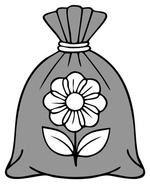 Grayscale vector illustration of a tied sack with a decorative flower design