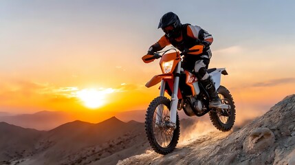Naklejka premium Motocross rider jumping dirt bike at sunset over mountain landscape with dramatic orange sky and rocky terrain for extreme sports adventure.
