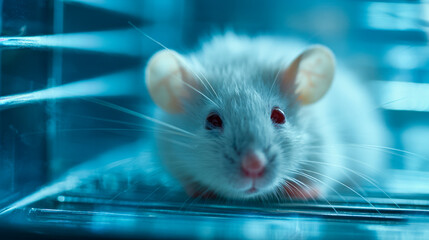White laboratory rodent with red eyes inside a transparent cage environment under cool blue lighting for scientific research purposes