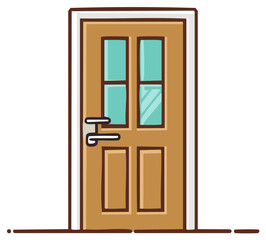 Cartoon wooden door with glass panels and handle, flat illustration