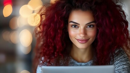 Fototapeta premium Young mixed-race woman with curly red hair smiling at camera in cozy indoor setting with warm bokeh lights background for lifestyle content.