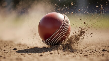 Create a high-resolution action shot of a red cricket ball bouncing off a dusty ground surface.