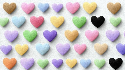 Colorful heart-shaped candies arranged in rows on white background. Sweet confectionery treats in pastel colors for Valentine's Day celebrations.