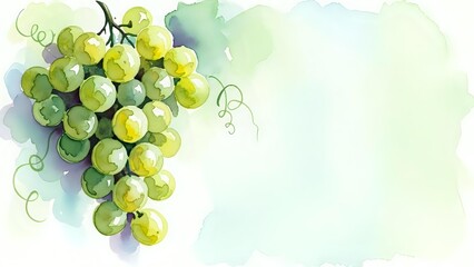 Obraz premium Watercolor green grapes cluster with vine leaves and tendrils on soft gradient background for wine industry and organic food design projects.
