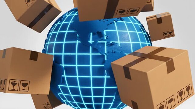 Global shipping and delivery network illustration with parcels around a digital earth