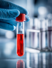 Laboratory technician wearing blue gloves holding a test tube filled with red liquid for medical analysis with blurred background of multiple samples in a rack