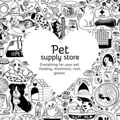 Vector frame for a pet store. Banner with pet care products. Graphic elements for feeding, treating, caring for, playing with, and relaxing cats, dogs,turtles, fish, rabbits, parrots and rodents