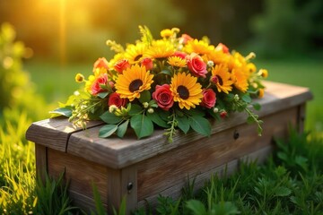 Fototapeta premium A vibrant summer bouquet adorns a simple, rustic casket outdoors, bathed in warm sunlight; a bittersweet juxtaposition of life and death in the summer heat , season, sunshine, summer