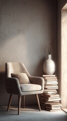 Cozy reading nook books stacked beside vase warm interior design